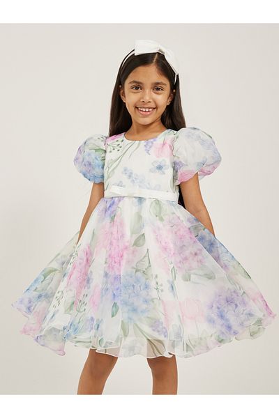 Styli Printed Organza Puff Sleeve Dress