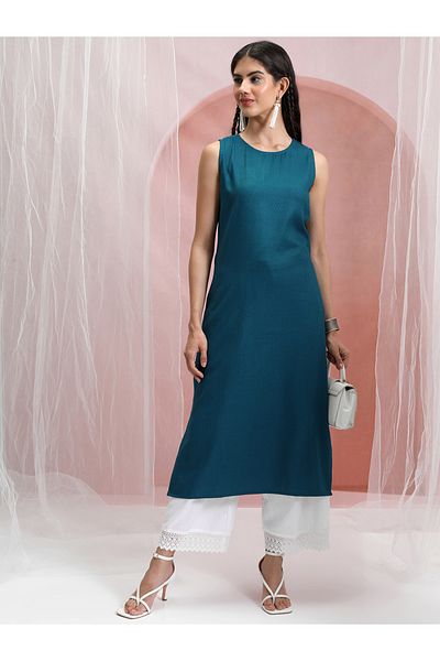 Vishudh By Styli Teal Blue Sleeveless Straight Kurta