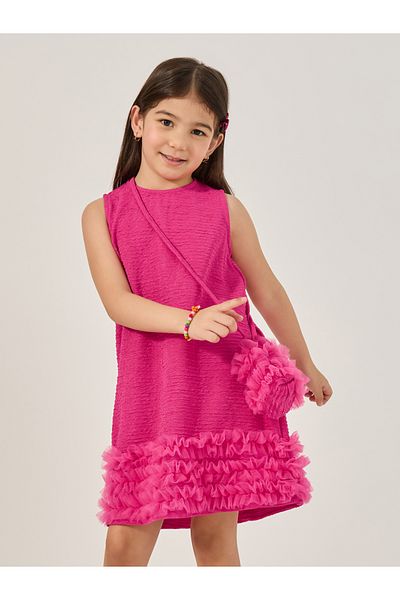 Styli Textured Sleeveless Mesh Hem Dress with Bag