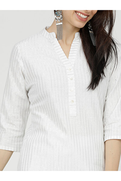 Vishudh By Styli Women White Striped Cotton Kurta with Trousers