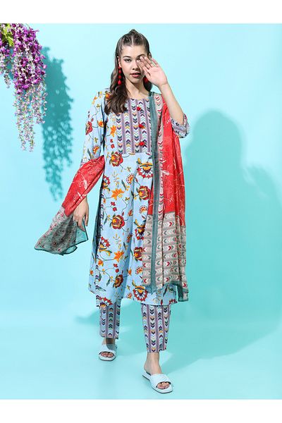 Vishudh By Styli Women Blue Floral Cotton Kurta Set with Trouser and Dupatta