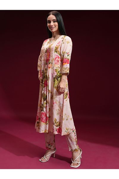 Vishudh By Styli Women Cream Floral Printed Kurta with Trousers