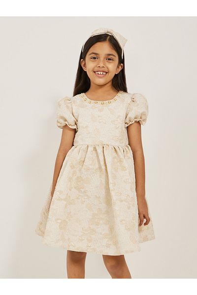 Styli Floral Embellished Puff Sleeves Dress with Headband