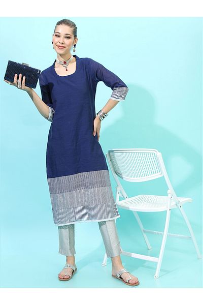 Vishudh By Styli Women Navy Blue & Grey Colourblocked Shawl Neck Kurta