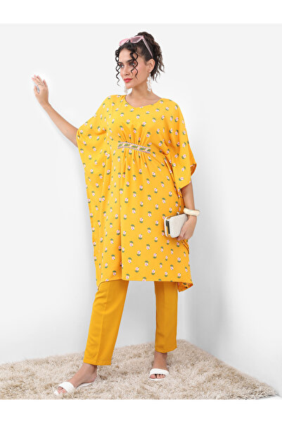 Vishudh By Styli Yellow Floral Printed Kaftan Set with Trouser