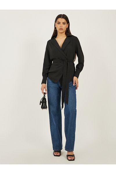Styli Black Solid Wrap Belted Blouse
