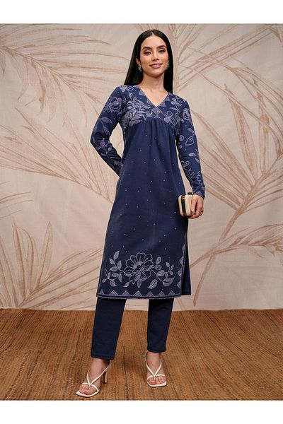 Vishudh By Styli Blue Floral Printed Straight Kurta With Trouser