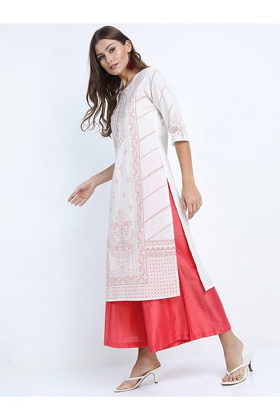 Vishudh By Styli Women Cream-Coloured Striped Thread Work Kurta