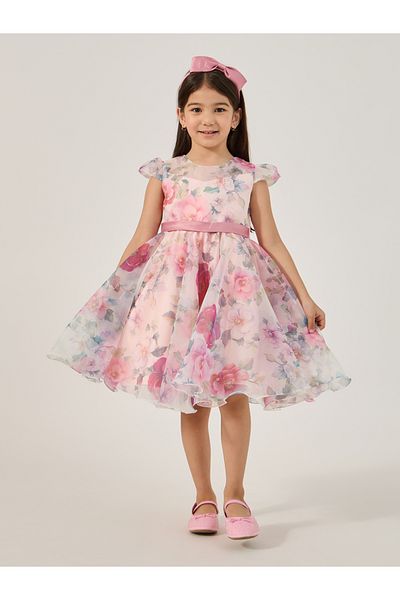 Styli All-Over Print Organza Round Neck Dress with Headband