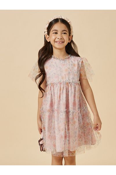 Styli Floral Print Mesh Tiered Dress