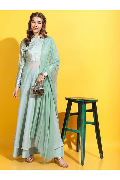 Vishudh By Styli Green Floral Polyester Kurta Set with Skirt & Dupatta