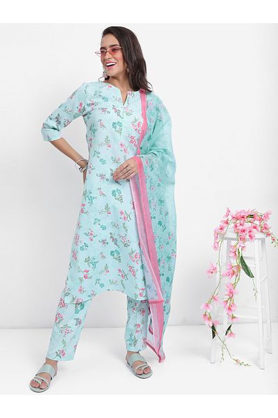 Vishudh By Styli Women Blue Floral Printed Kurta Set with Dupatta
