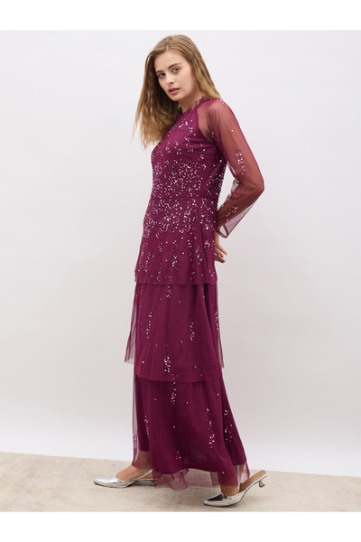 Styli Embellished Long Sleeve Tiered Maxi Dress