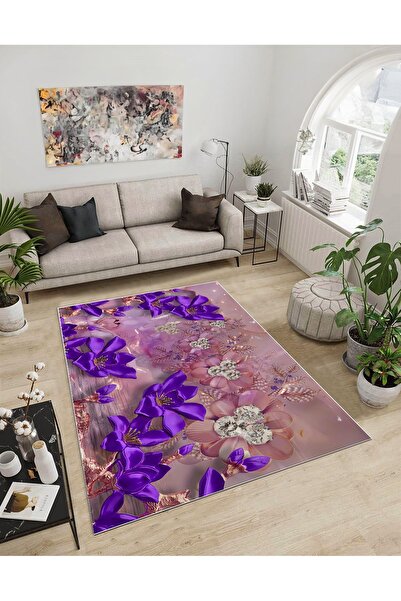 Dijidekor Shine M(273) Purple Fringeless Non-Slip Based Digital Printed Decor...