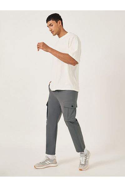 Fort Collins By Styli Men Grey Solid Cargo Pants with Drawstring Hem