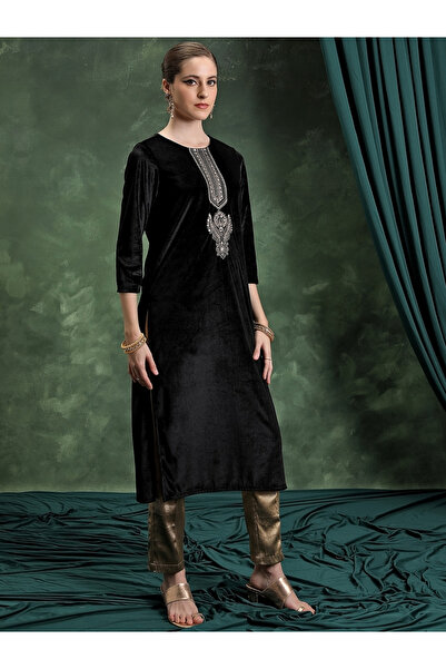 Vishudh By Styli Black Thread Work Straight Kurta