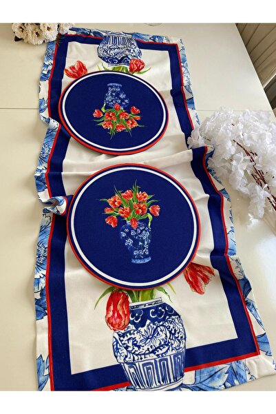 Runner Supla Home Mavi Vazo ve Çiçek Baskılı Runner & Supla Takımı 40x140 cm Runner + 33 cm Supla (6 Adet)