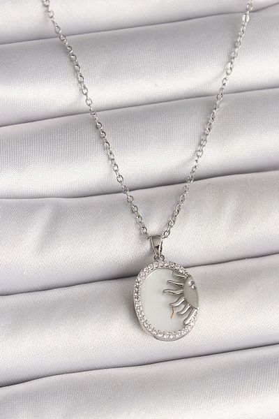 Clariss 316L Steel Silver Color Chain White Enamel Sunset Model Zircon Stone Detailed Women's Necklace