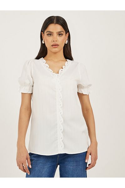 Styli White Solid Lace Trim Blouse