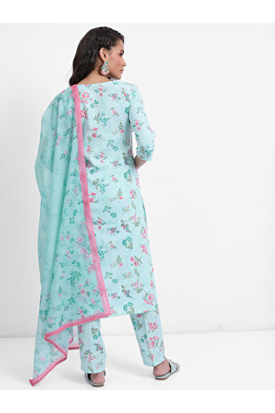 Vishudh By Styli Women Blue Floral Printed Kurta Set with Dupatta