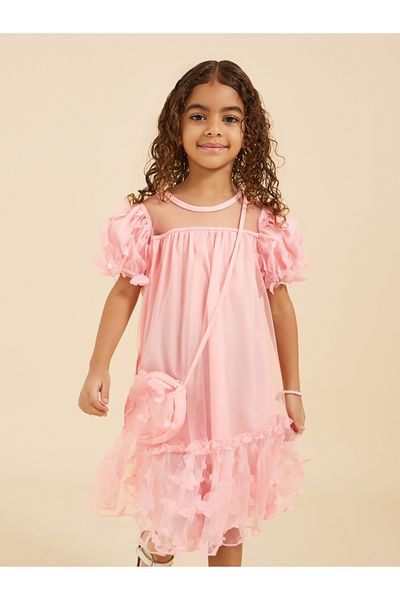 Styli Butterfly Applique Mesh Off Shoulder Dress with Bag