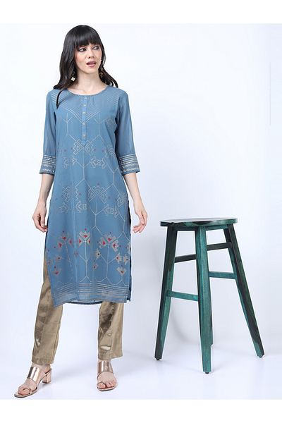 Vishudh By Styli Blue Floral Printed Regular Fit Kurta