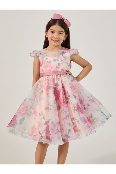 Styli All-Over Print Organza Round Neck Dress with Headband