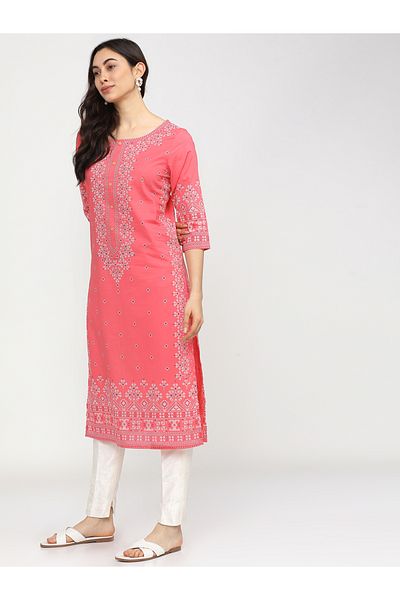 Vishudh By Styli Women Pink & White Geometric Printed Cotton Kurta