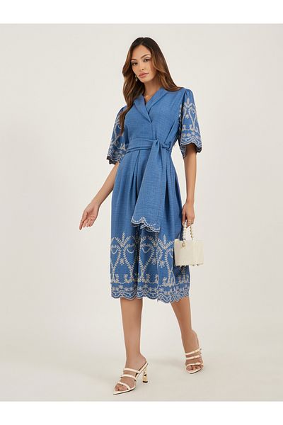 Styli Schiffli Detail Volume Sleeves A-Line Midi Dress