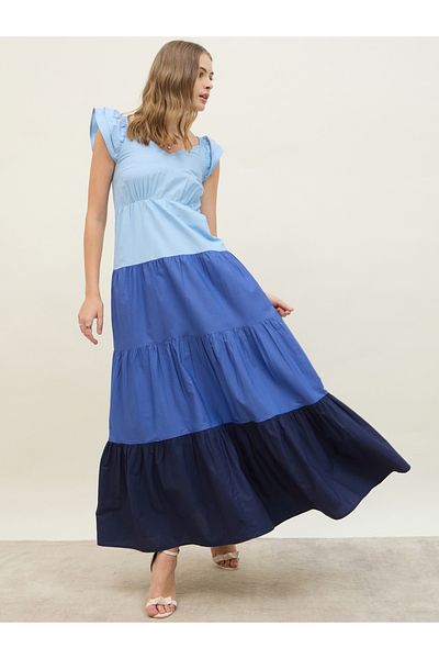 Styli Color Block Ruffled Sleeves Tiered Maxi Dress