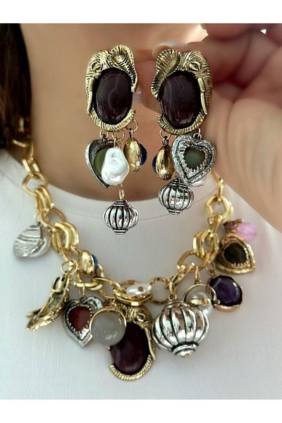 MyladyAccessoriess Multiple Char Detailed Necklace Earrings Jewelry Set