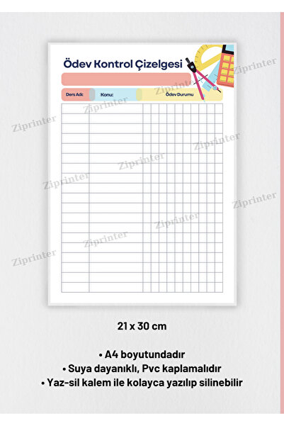 ZiPrinter A4 Laminasyonlu Ödev Kontrol Çizelgesi - Yaz-Sil Özellikli Kolay Ku...