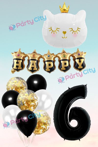 Party City 6 Year Old White Cat Crown Themed Foil Balloon Set, Birthday Celebration Party Set