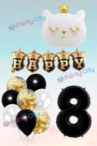 Party City 8 Years Old White Cat Crown Themed Foil Balloon Set, Birthday Celebration Party Set