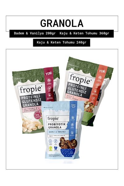 FROPİE Almond & Vanilla - Cashew & Flaxseed - Gluten Free Peanut & Quinoa Flakes Granola 3 pack