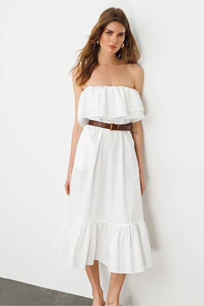 pieces of melon Beyaz Straplez Volanlı, Yan Cep Detaylı Midi Boy Elbise