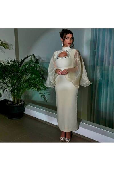 zoezoe Uzun Organze kol yakada dekolte detaylı söz nişan davet elbisesi