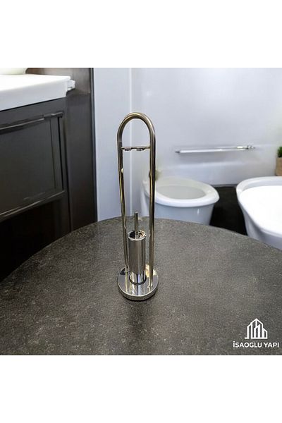 İSAOĞLU YAPI Free Standing Toilet Roll Holder and Brush Bathroom Set Stainless Material Toilet Roll Holder