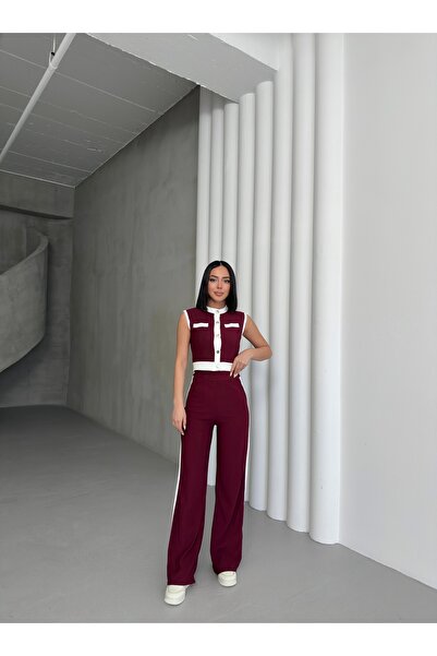 BEJNA Women's Burgundy Sleeveless Stripe Detailed Bottom Top Set