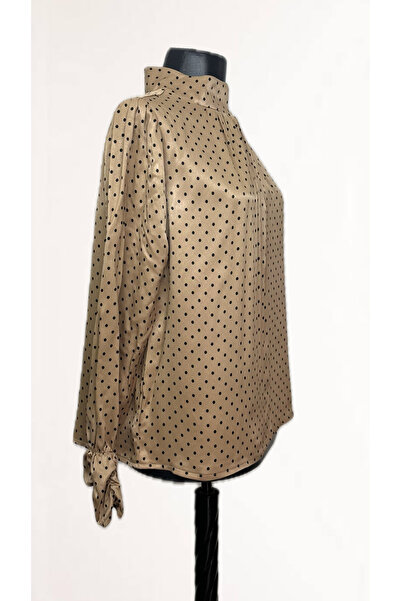 Mois Atelier Kahverengi-Siyah Puan Desenli Saten Büzgülü Bluz Gömlek Tasarım ...