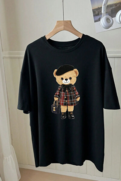 cc collection Tricou oversize negru unisex cu imprimeu Artist Bear - Design c...