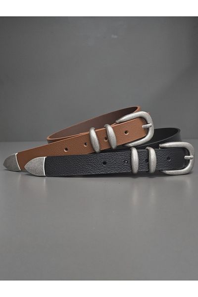Kemerix 100% Genuine Leather Pewter Coated Tool Buckle Black-Tan 2-Piece Belt Set