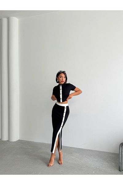 BEJNA Schwarzer Rockanzug mit Knopfdetails für Damen
