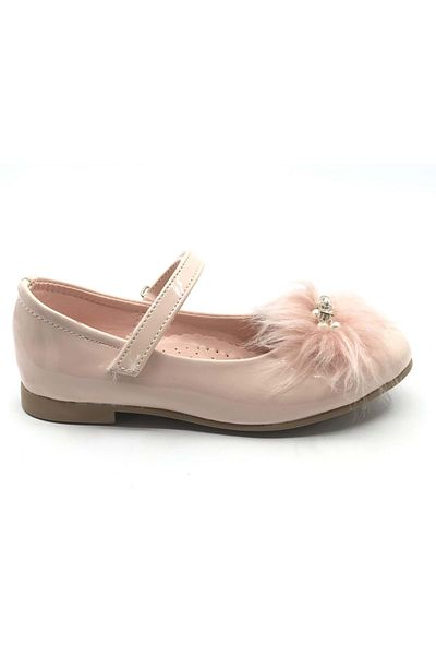 Kids Club Shoes Iremsu Feather and Jewelled Velcro Ballerinas for Girls - Powder-Patent Leather