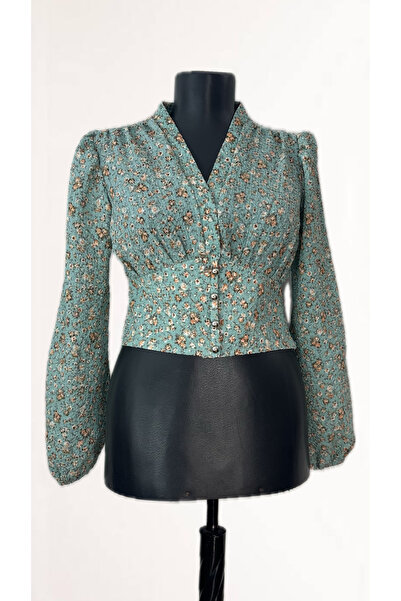 Mois Atelier Yeşil Çiçek Desenli Gömlek Crop Tasarım Büyük Beden Sınırlı Seri