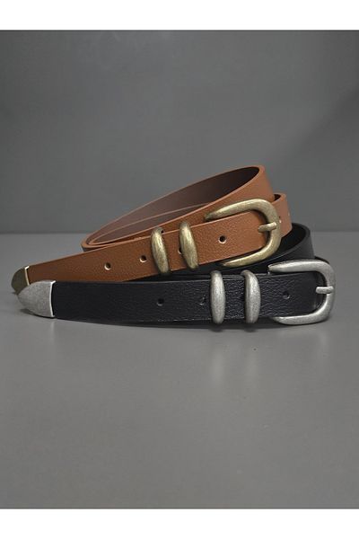 Kemerix 100% Genuine Leather Black Tin-Tan Antique Coated Suit Buckle 2-Piece Belt Set