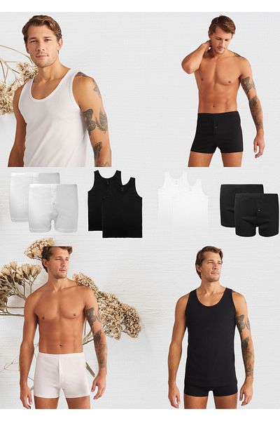 Kom Men's 100% Cotton 2 Black 2 White Undershirt & Boxer Set