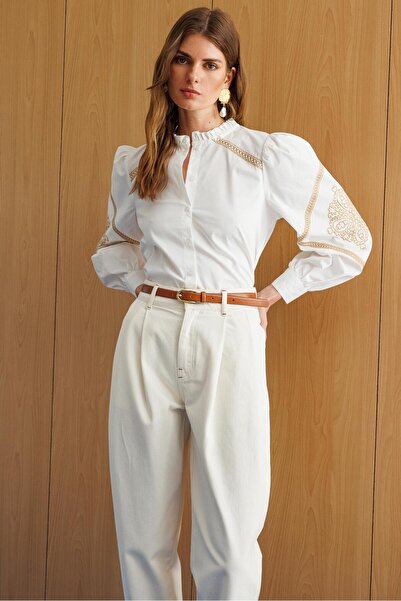 pieces of melon Beige-White Cotton Embroidery Detailed, Balloon Sleeve Ruffle Collar Ethnic Shirt