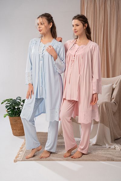 Lohussa Women's Blue Linen Summer Voile Collar Strap Special Design Cotton Maternity Maternity Dressing Gown Pajama Set Set