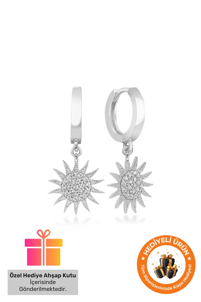 Lucente Jewellery Hediye Kutulu Güneş Figürlü Küpe Zirkon Taşlı 925 Ayar Sallantılı Gümüş Sallanan Hediyelik Küpesi